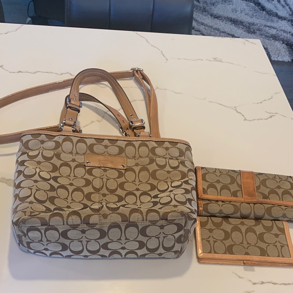 Coach Tan Signature Canvas Shoulder Bag with Matching Wallet and checkbook cover
